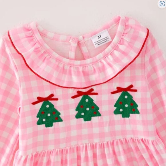 Boutique Christmas Tree Girls Pink Plaid Long Sleeve Dress - Picture 2 of 6